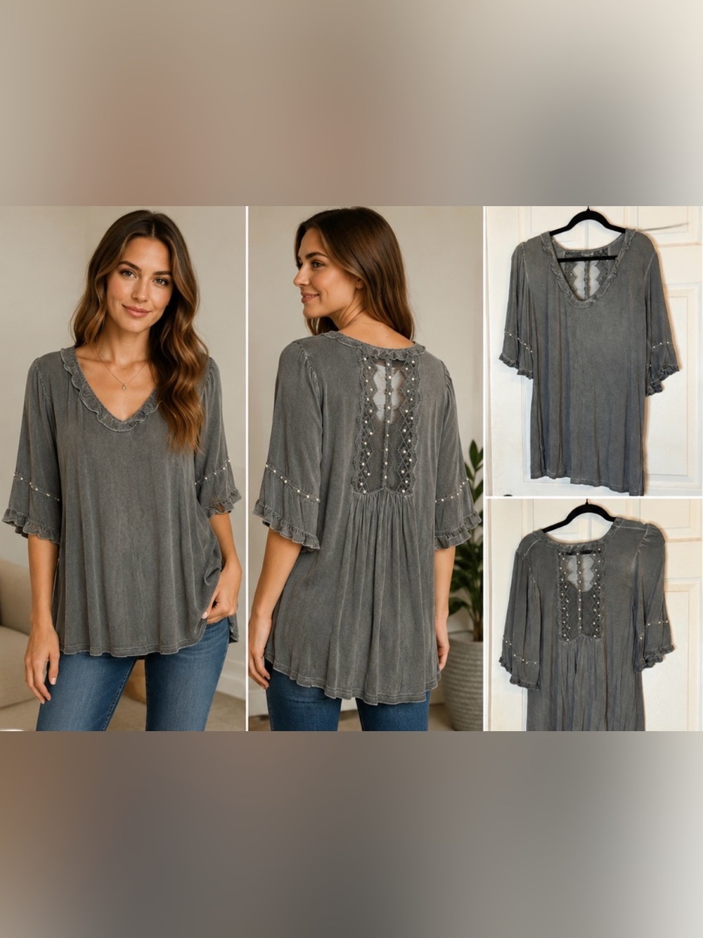 POL Gray Ruffled V-Neck Tunic with Lace Back and Pearl Trim
